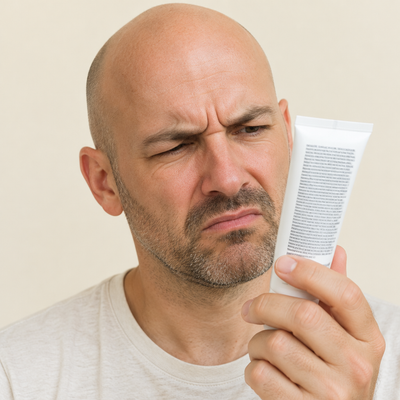 Bald man frowning at a long ingredient list on a sunscreen tube