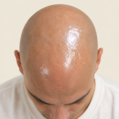 Shiny greasy sunscreen on a bald head