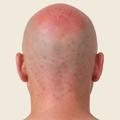 Sunburn and razor redness on a shaved head