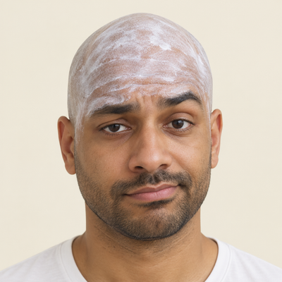 Bald man with a chalky white sunscreen cast on his head
